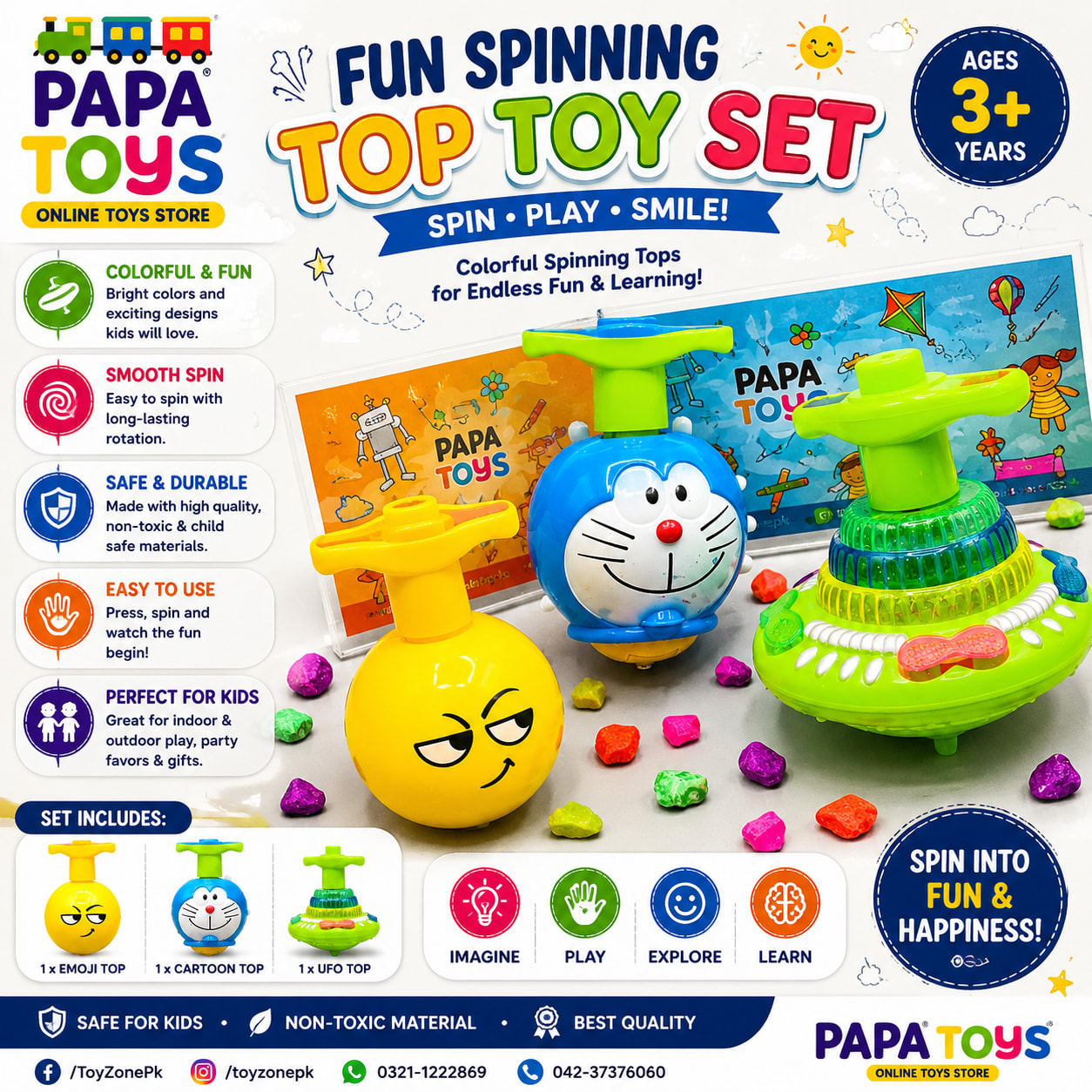 3-in-1 Cartoon Gyro Spinning Top Toy Set – Emoji, Classic Spinning Top & Mini Racing Car | Fun Educational Toy for Kids alternate view