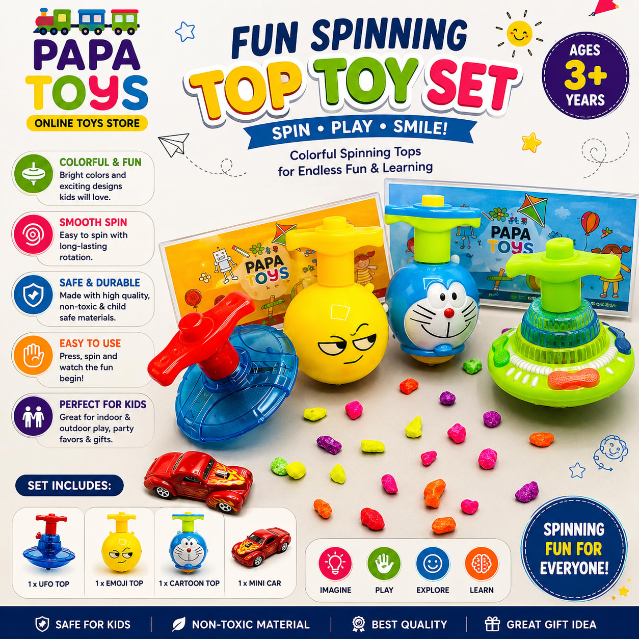 3-in-1 Cartoon Gyro Spinning Top Toy Set – Emoji, Classic Spinning Top & Mini Racing Car | Fun Educational Toy for Kids 3