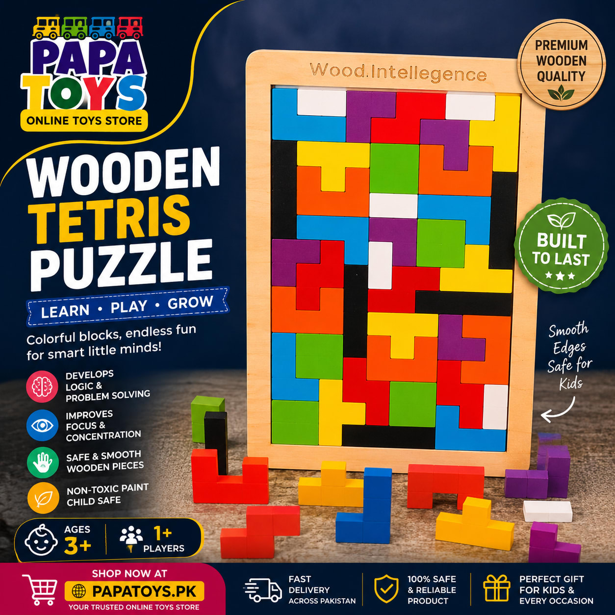 Wooden Tetris Puzzle Board for Kids | Colorful Montessori Educational Brain Teaser | Shape Matching & IQ Learning Toy | Papa Toys