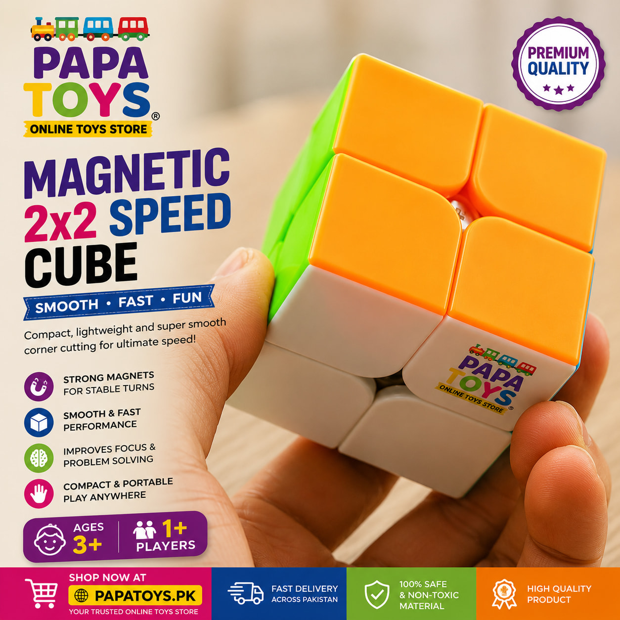 QY Magnetic 2x2 Speed Cube | Smooth Turning Magic Puzzle Cube for Kids & Adults | Brain Training Educational Toy