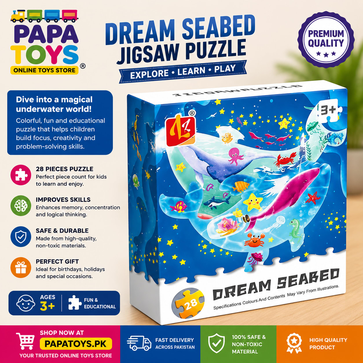 Dream Seabed 28-Piece Wooden Jigsaw Puzzle for Kids | Educational Ocean Puzzle | Ages 3+