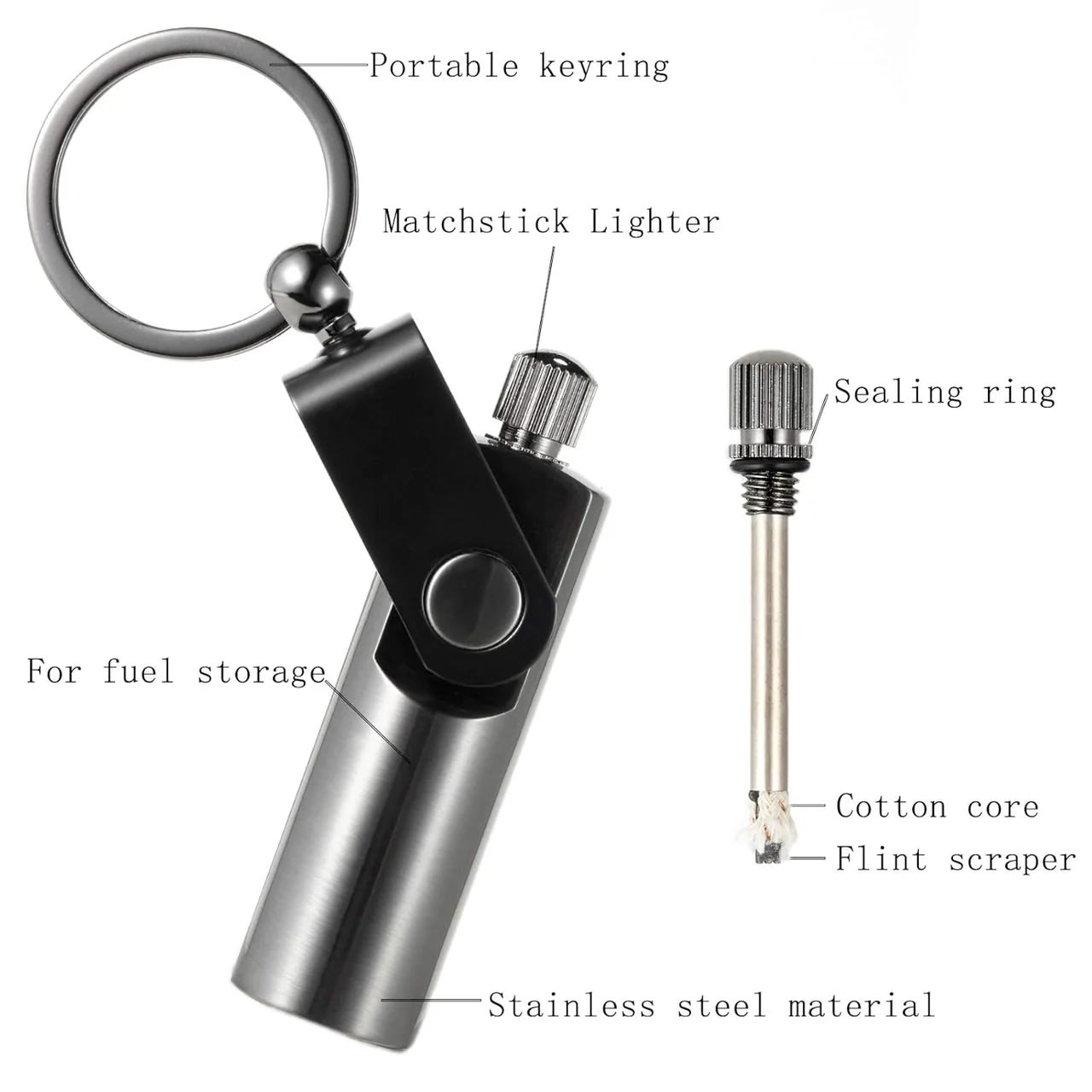Refillable Permanent Match Keychain Lighter – Reusable Flint & Steel Fire Starter 9