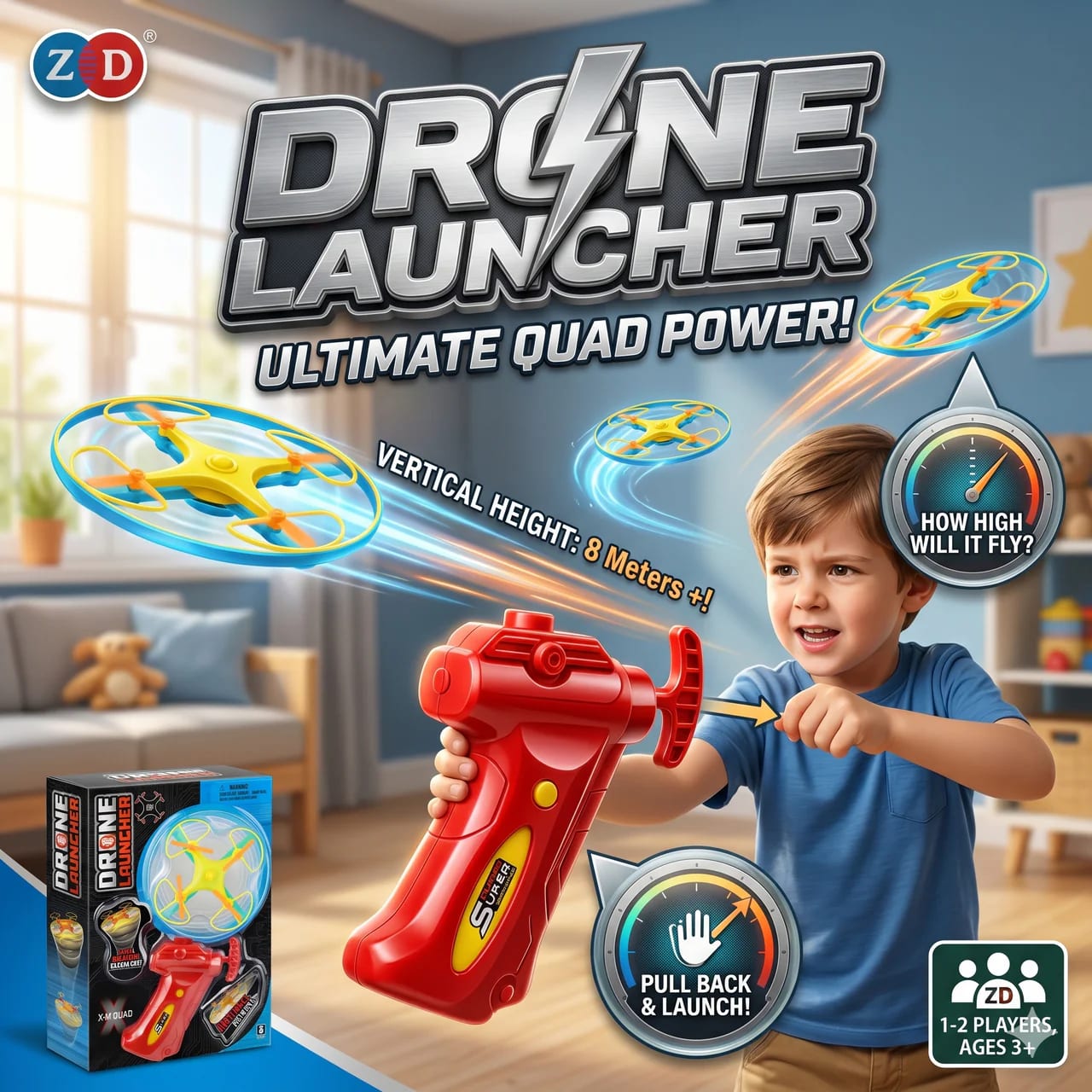 Drone Launcher Flying Spinner Toy – Pull Back Hand Launcher with Flying Disc for Kids