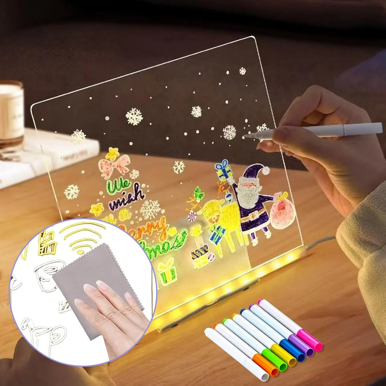Papatoys USB LED Acrylic Message Board with 7 Color Markers & Erasable Drawing Pad