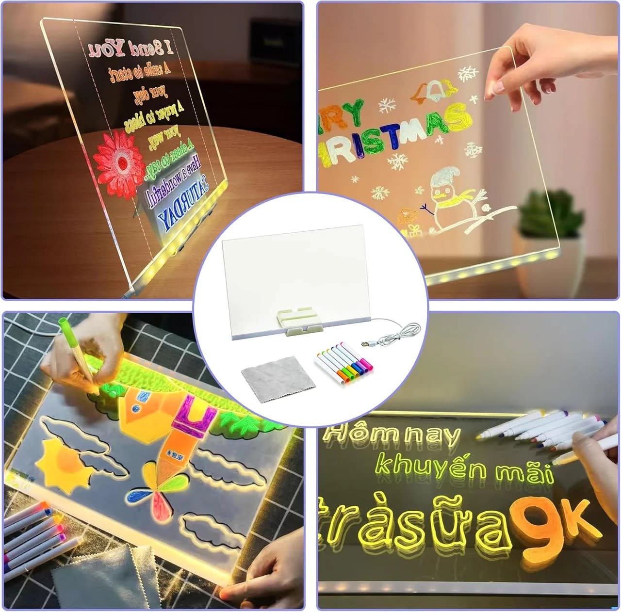 Papatoys USB LED Acrylic Message Board with 7 Color Markers & Erasable Drawing Pad 4