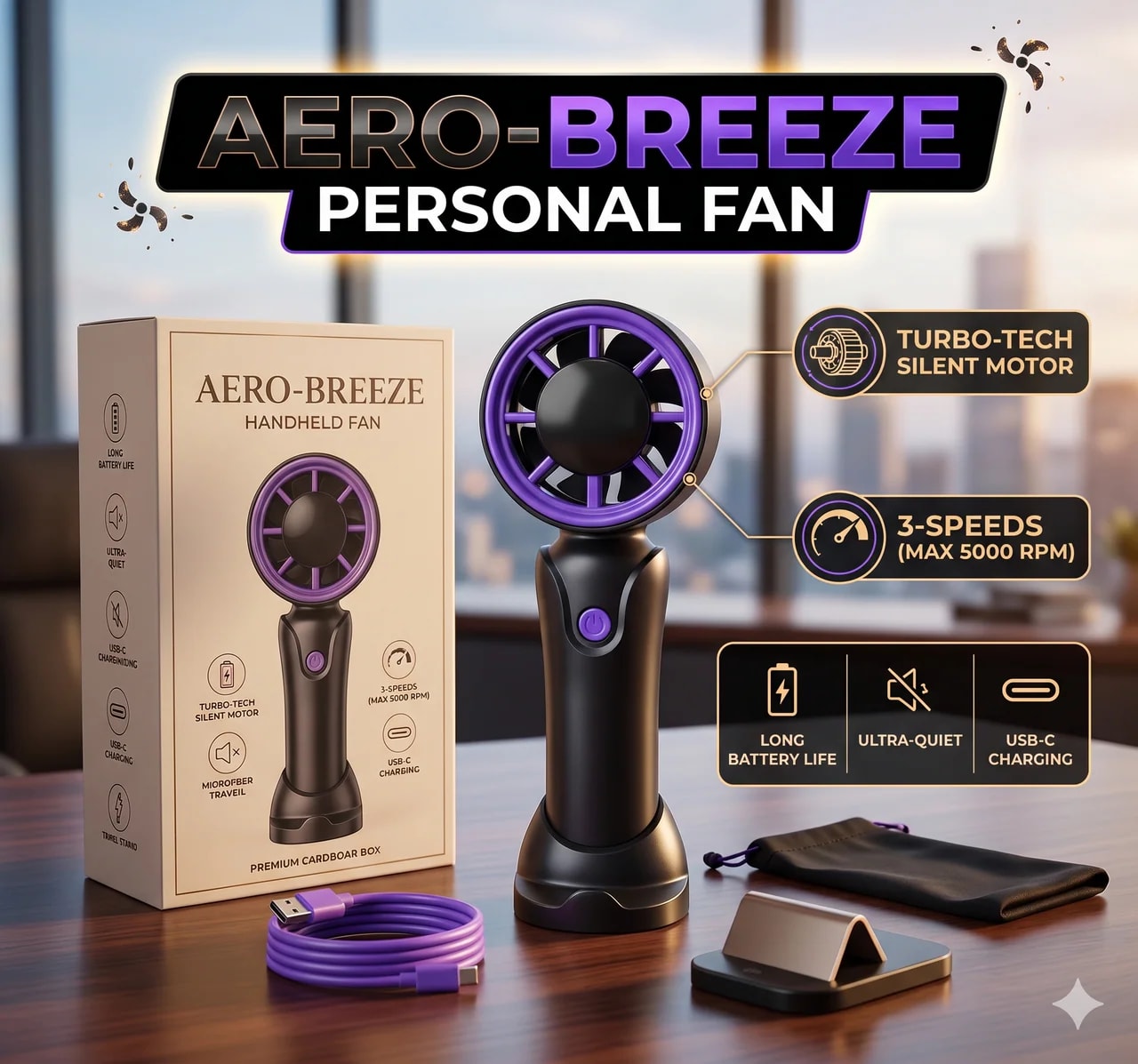 Papatoys Rechargeable Handheld Mini Fan with 3 Speed Settings & USB Charging alternate view