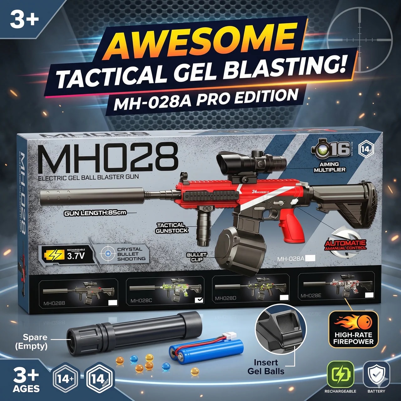 Papatoys MH028 Electric Gel Ball Blaster Toy – Rechargeable Automatic Gel Blaster with Scope & Drum Magazine | Outdoor Action Toy | Ages 14+