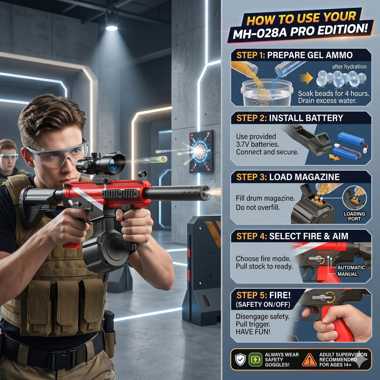 Papatoys MH028 Electric Gel Ball Blaster Toy – Rechargeable Automatic Gel Blaster with Scope & Drum Magazine | Outdoor Action Toy | Ages 14+ alternate view