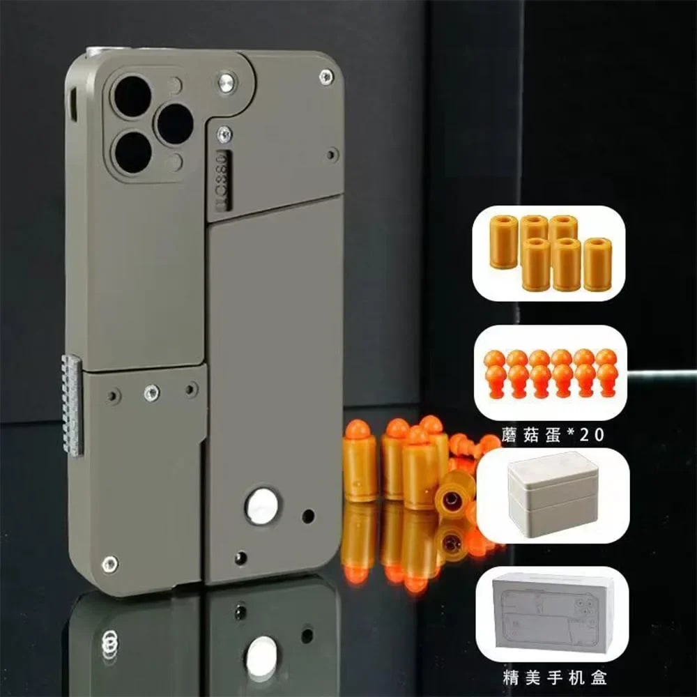 Toy Gun Phone Case – Interactive Bullet Launcher Mobile Case with Soft Foam Darts | Fun Novelty Gift