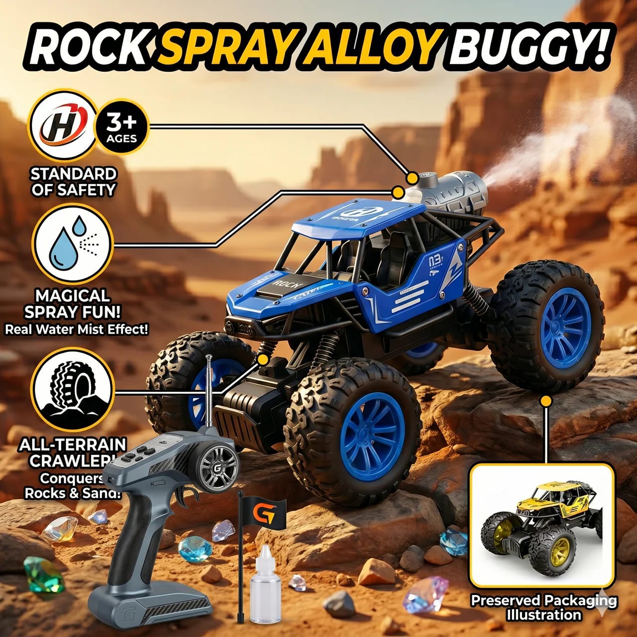 2.4GHz RC Rock Crawler Spray Stunt Car – Alloy Off-Road Monster Truck with Water Mist & LED Lights