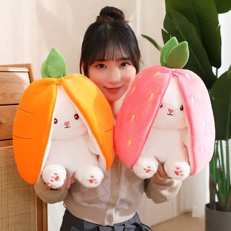 Cute Fruit Bunny Plush Toy – Soft Rabbit in Carrot & Strawberry Sleeping Bag | Kawaii Stuffed Animal Gift