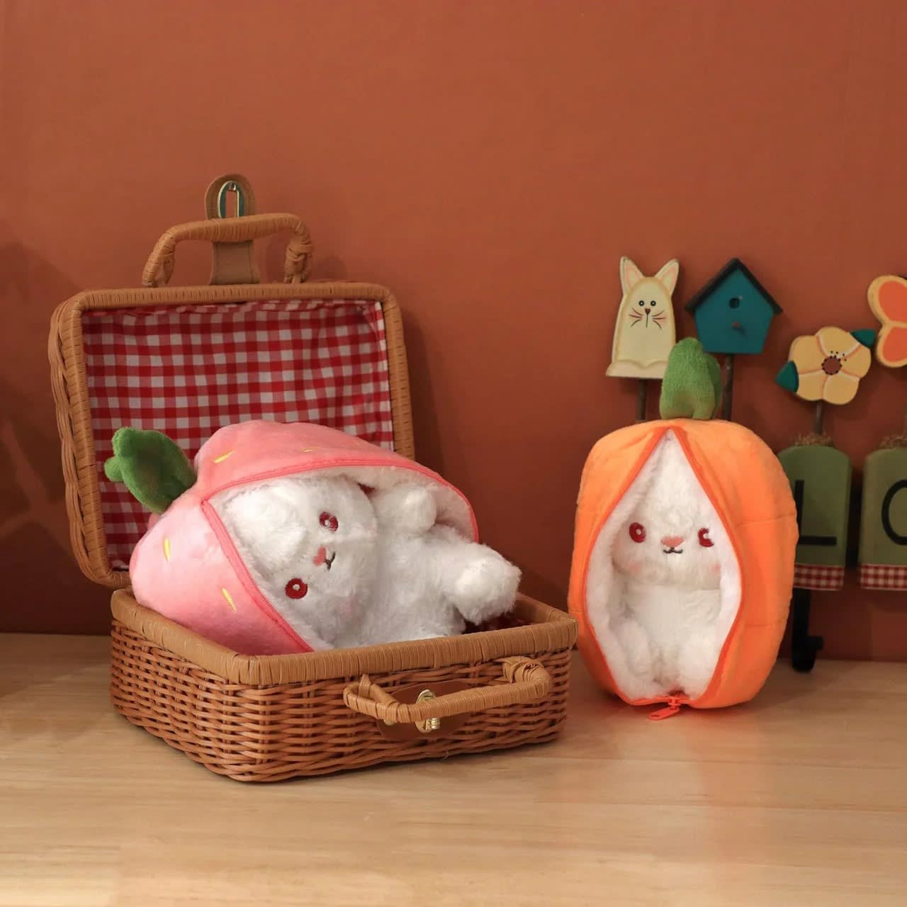 Cute Fruit Bunny Plush Toy – Soft Rabbit in Carrot & Strawberry Sleeping Bag | Kawaii Stuffed Animal Gift alternate view