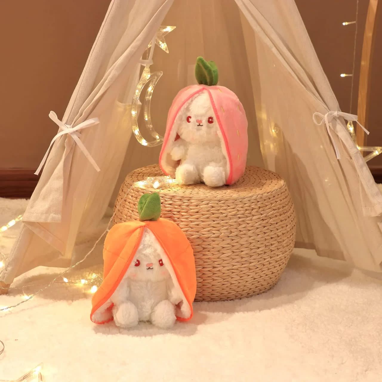 Cute Fruit Bunny Plush Toy – Soft Rabbit in Carrot & Strawberry Sleeping Bag | Kawaii Stuffed Animal Gift 3