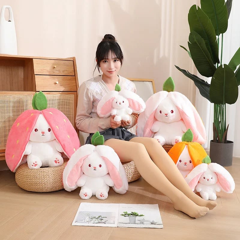 Cute Fruit Bunny Plush Toy – Soft Rabbit in Carrot & Strawberry Sleeping Bag | Kawaii Stuffed Animal Gift 15