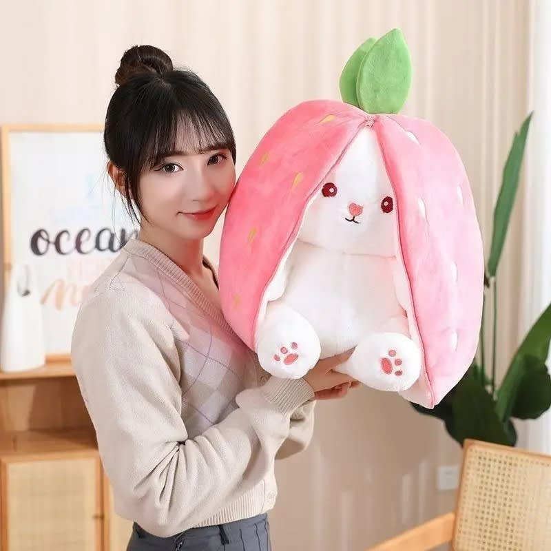 Cute Fruit Bunny Plush Toy – Soft Rabbit in Carrot & Strawberry Sleeping Bag | Kawaii Stuffed Animal Gift 16