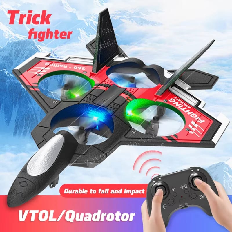 2.4GHz RC VTOL Fighter Drone – Remote Control Quadcopter Airplane with LED Lights & Stunt Flying
