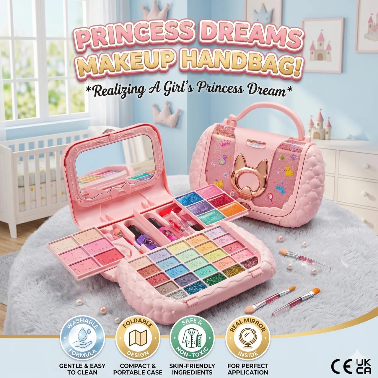 Princess Dreams Girls Beauty Makeup Kit – Pretend Play Cosmetic Set with Mirror & Accessories | PapaToys