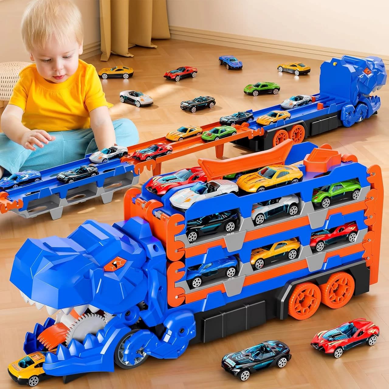 Large Dinosaur Car Eating Truck Track Set with 12 Mini Cars – Transport Carrier & Storage Toy | PapaToys