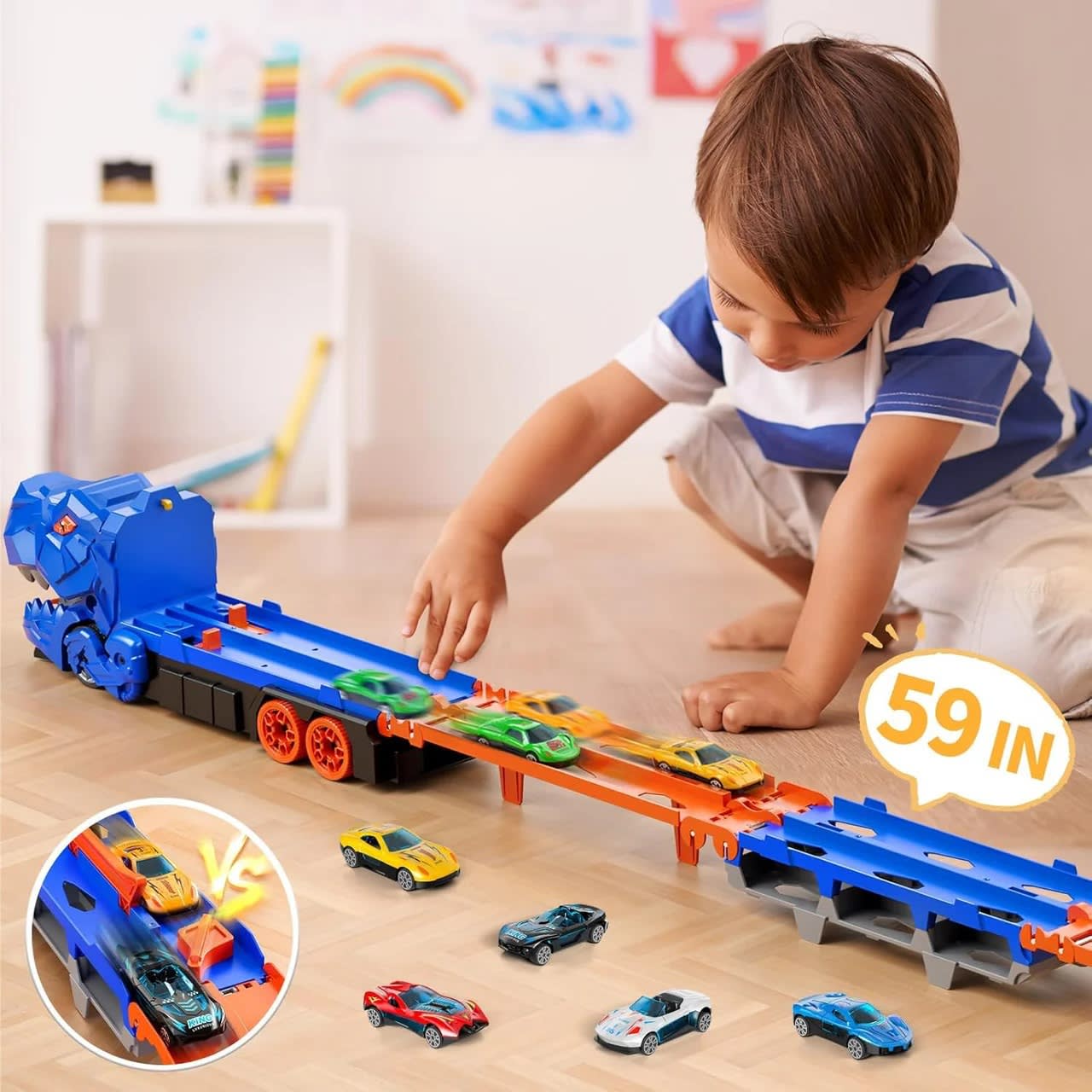 Large Dinosaur Car Eating Truck Track Set with 12 Mini Cars – Transport Carrier & Storage Toy | PapaToys alternate view