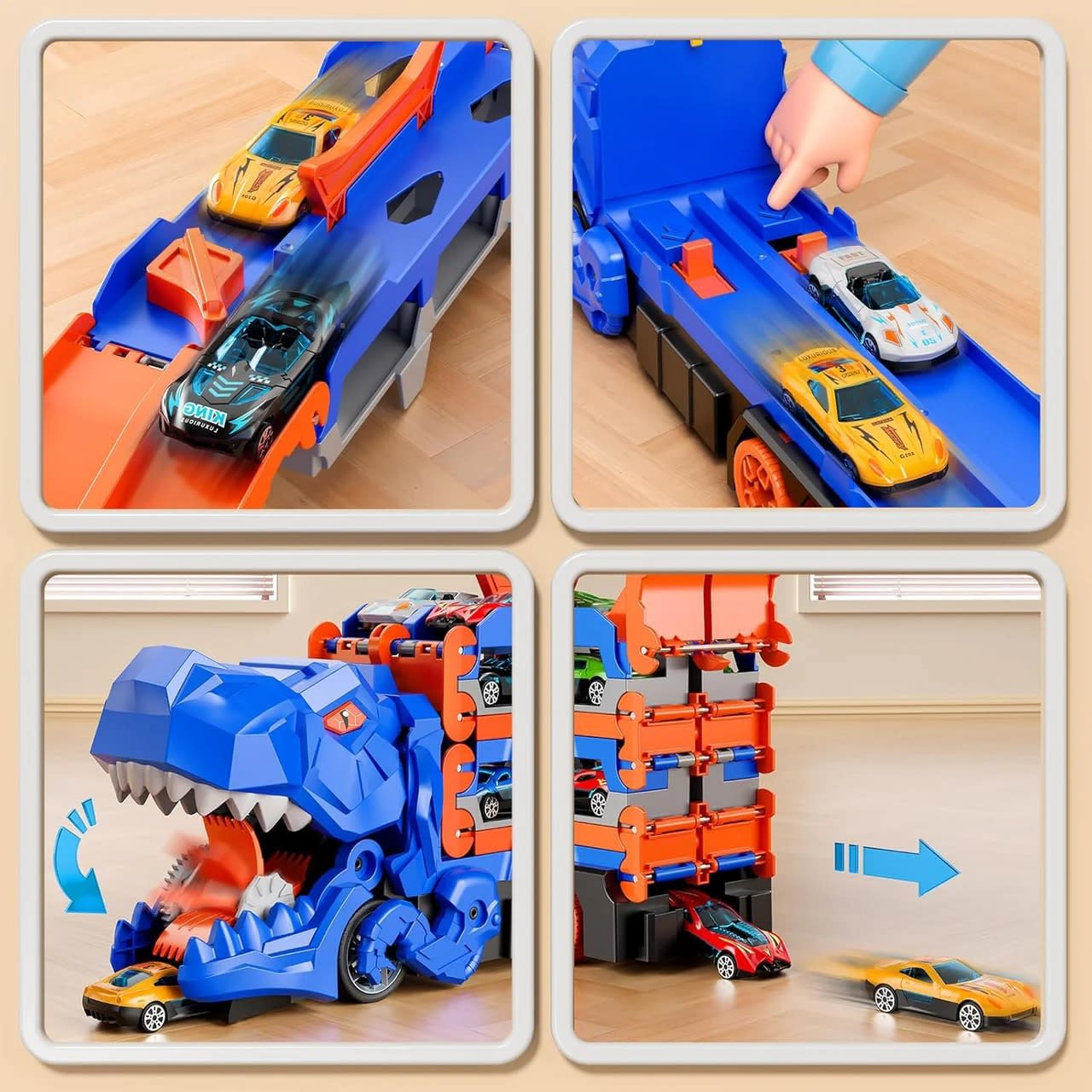 Large Dinosaur Car Eating Truck Track Set with 12 Mini Cars – Transport Carrier & Storage Toy | PapaToys 3