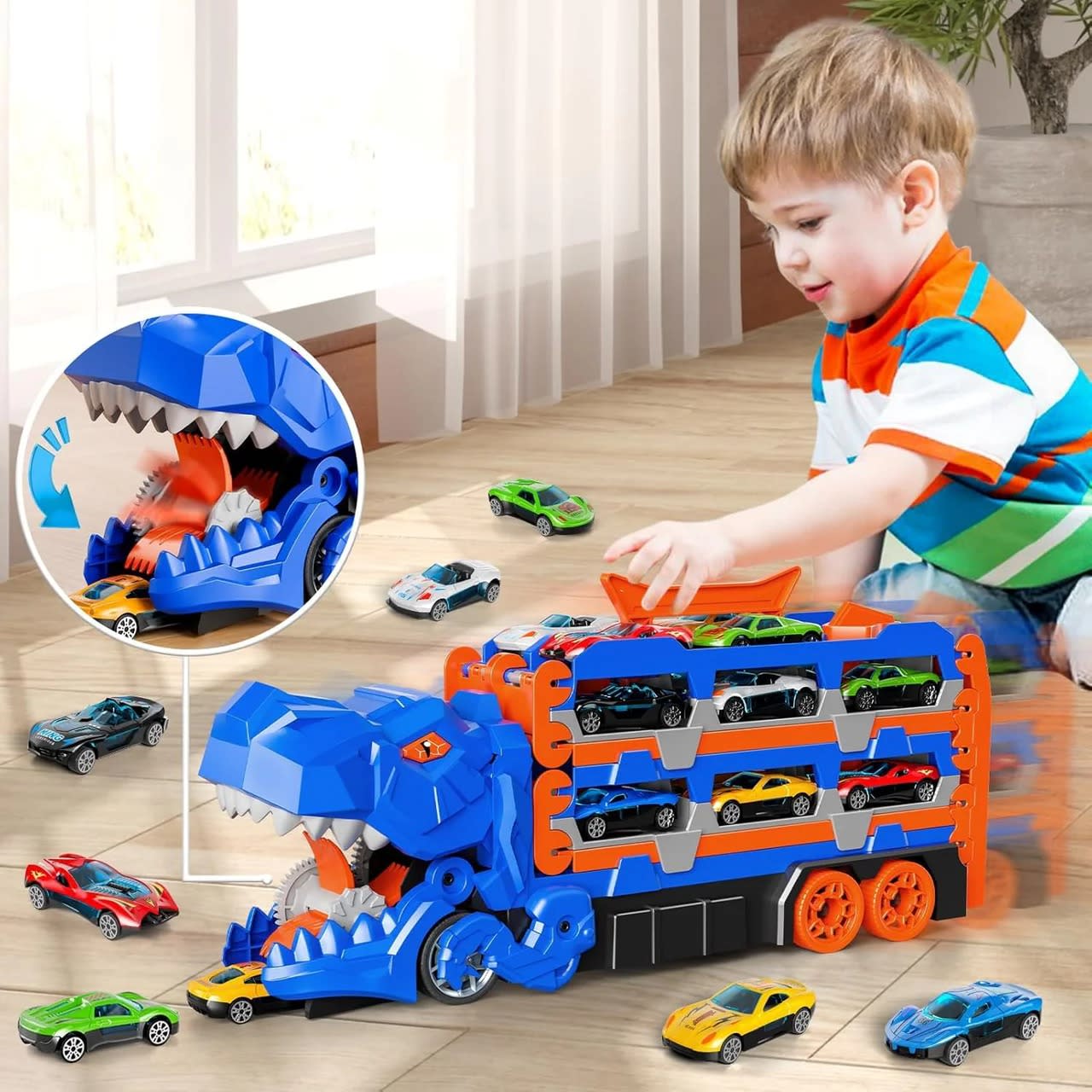 Large Dinosaur Car Eating Truck Track Set with 12 Mini Cars – Transport Carrier & Storage Toy | PapaToys 4