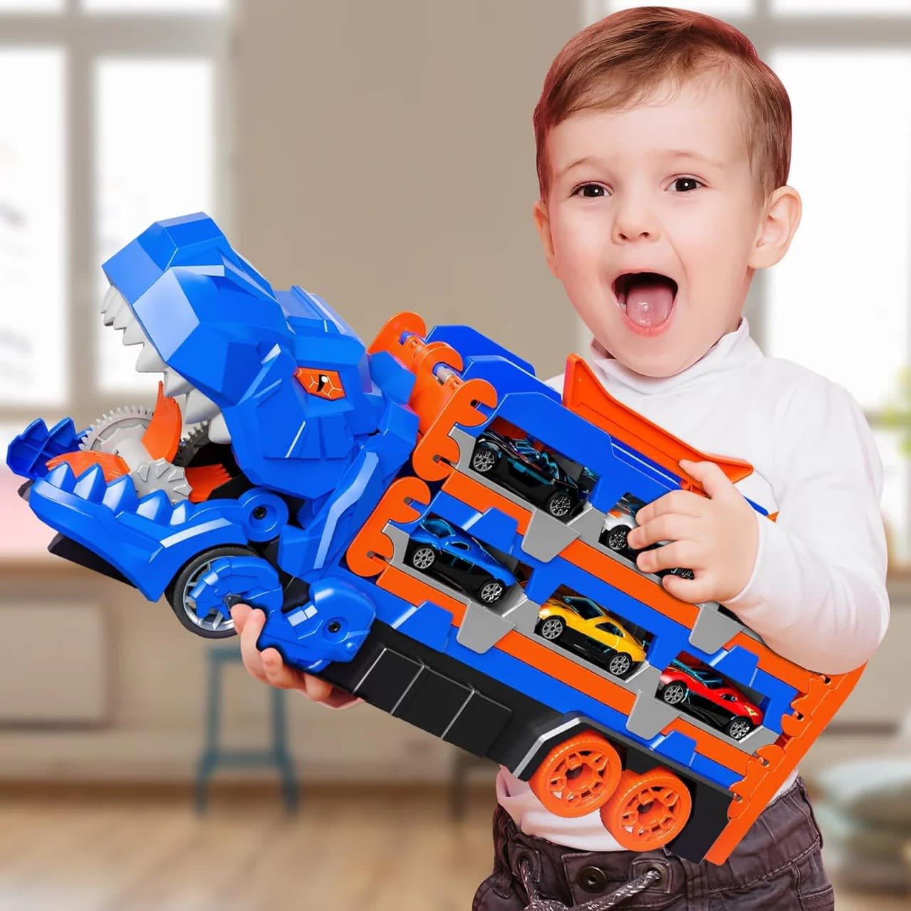 Large Dinosaur Car Eating Truck Track Set with 12 Mini Cars – Transport Carrier & Storage Toy | PapaToys 5
