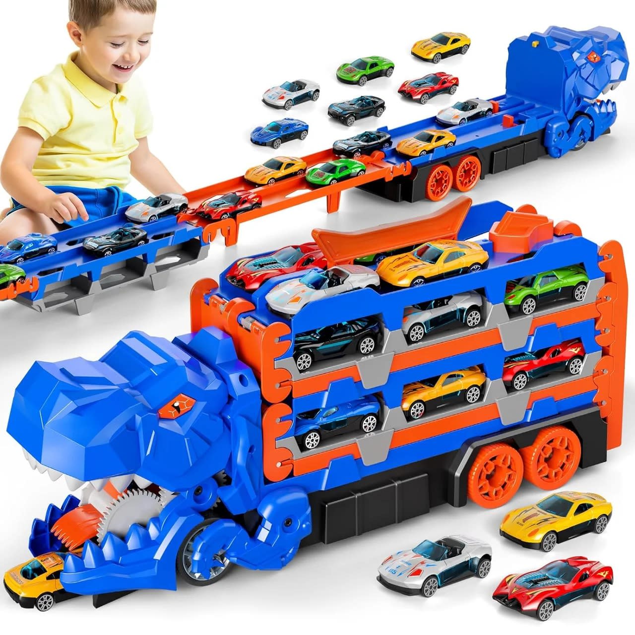 Large Dinosaur Car Eating Truck Track Set with 12 Mini Cars – Transport Carrier & Storage Toy | PapaToys 6