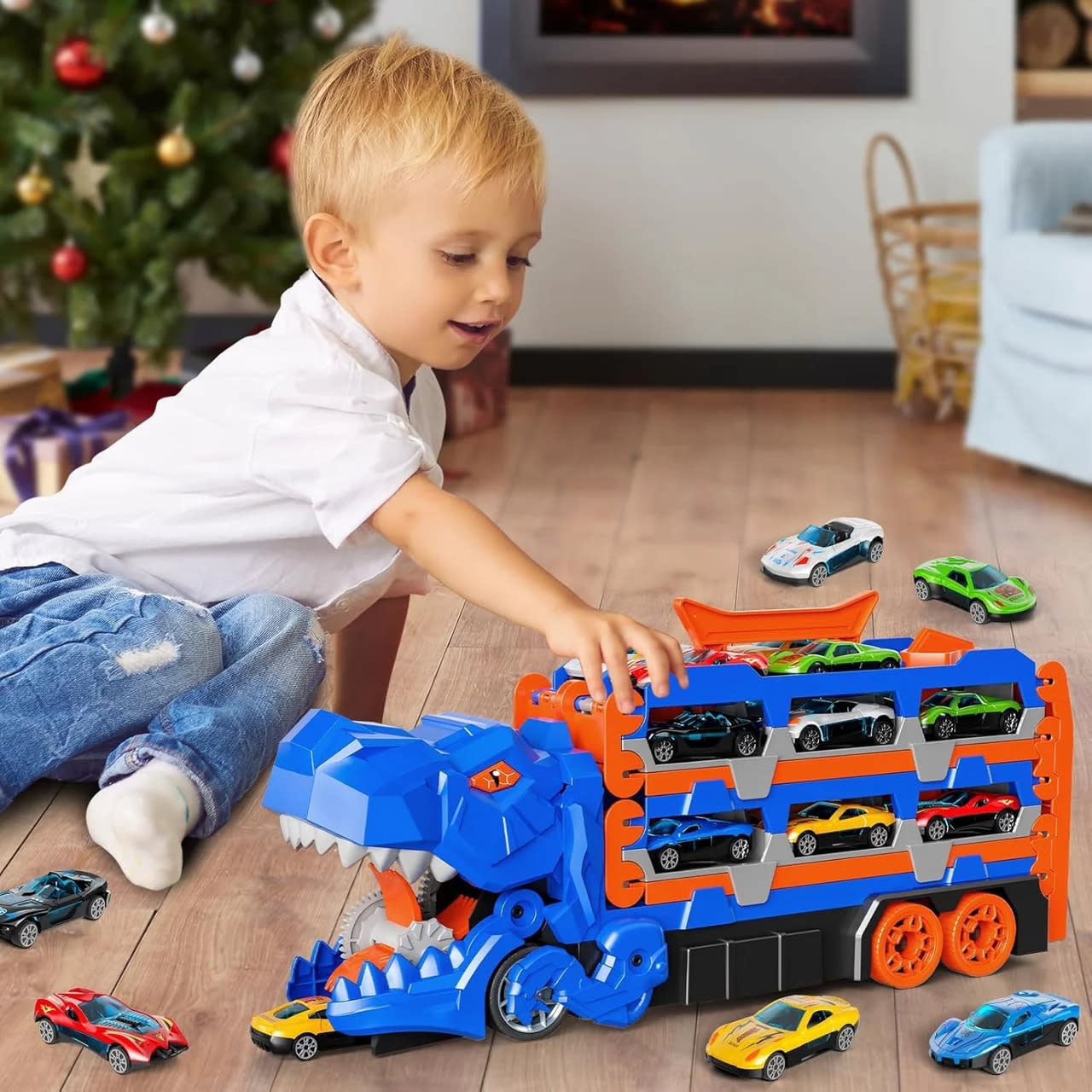 Large Dinosaur Car Eating Truck Track Set with 12 Mini Cars – Transport Carrier & Storage Toy | PapaToys 7