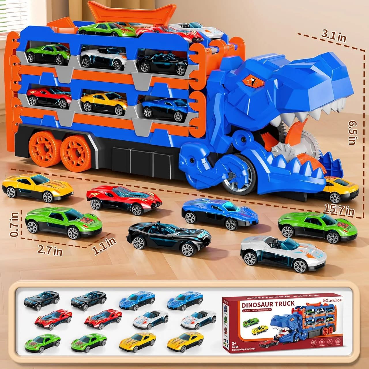 Large Dinosaur Car Eating Truck Track Set with 12 Mini Cars – Transport Carrier & Storage Toy | PapaToys 8