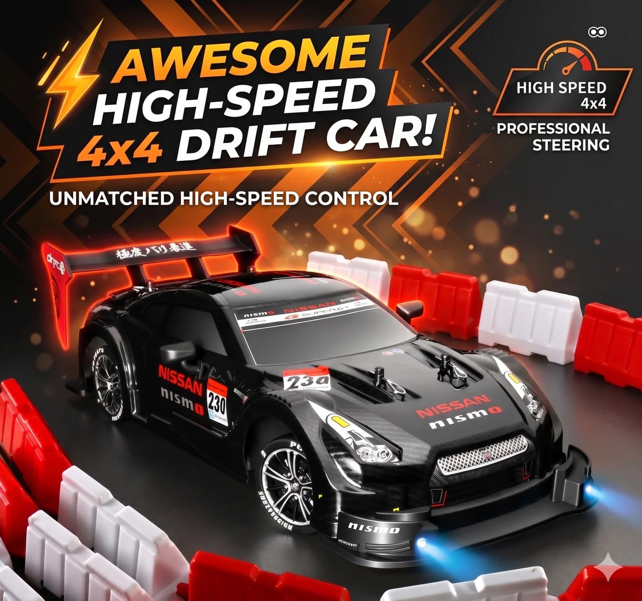 Remote Control Nissan NISMO GT-R High-Speed Drift Racing Car – 2.4GHz RC Sports Car with LED Lights | USB Rechargeable | PapaToys