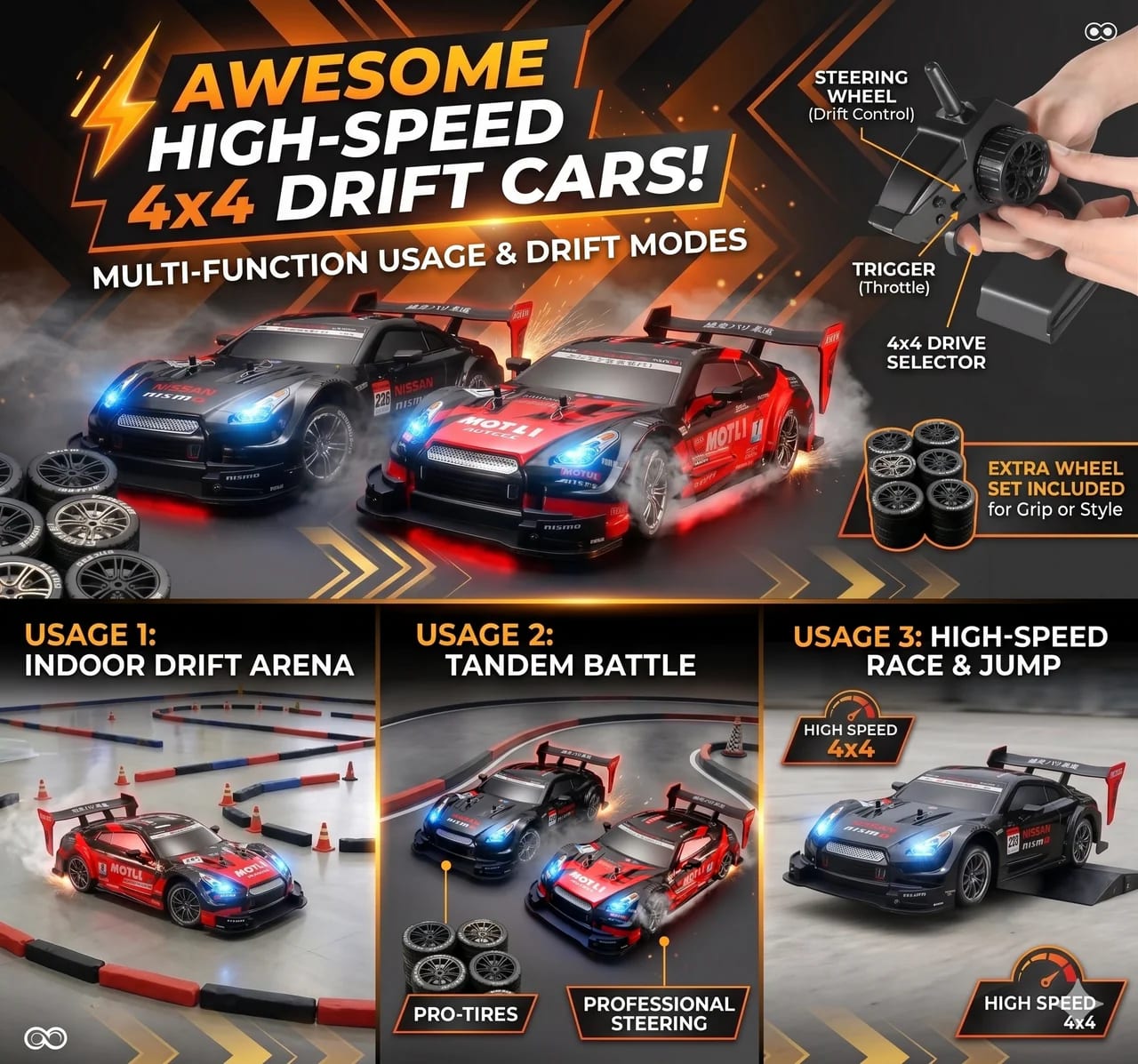 Remote Control Nissan NISMO GT-R High-Speed Drift Racing Car – 2.4GHz RC Sports Car with LED Lights | USB Rechargeable | PapaToys 2