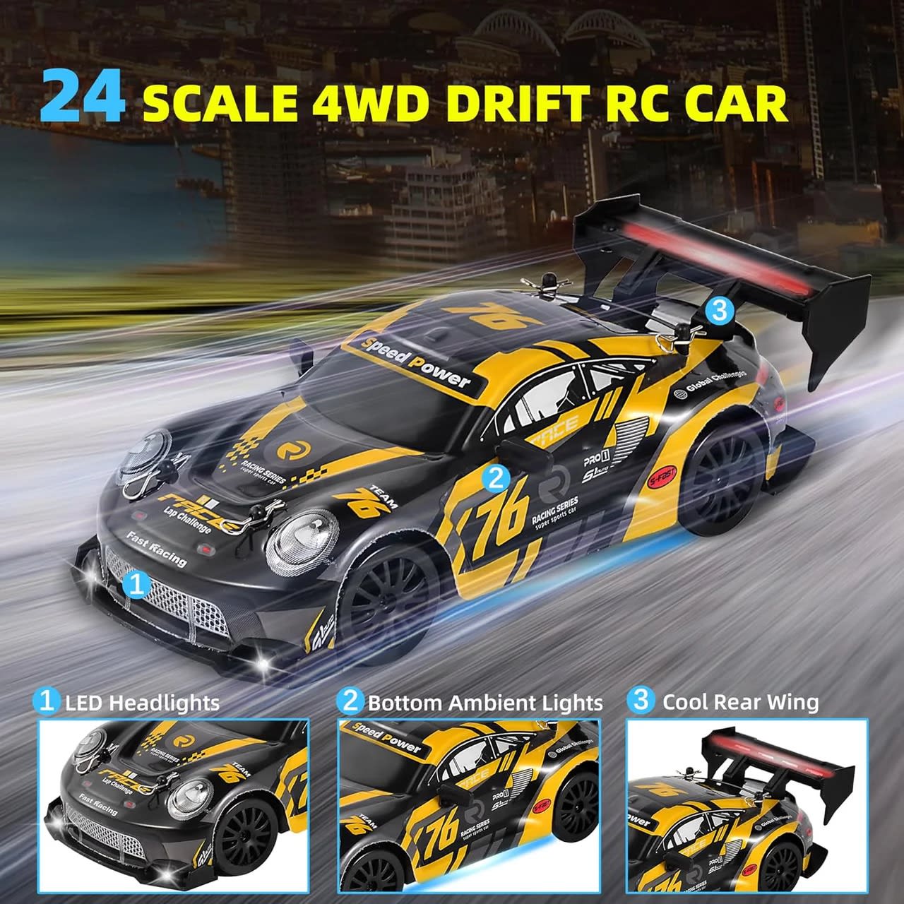 1:24 Scale 4WD High-Speed RC Drift Car | 20KM/H Rechargeable Racing Car with LED Lights & 2.4GHz Remote Control 11