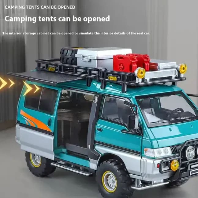 24 Diecast Mitsubishi Delica Camping Van | Pull Back Metal Model Car with Lights, Sounds & Opening Doors
