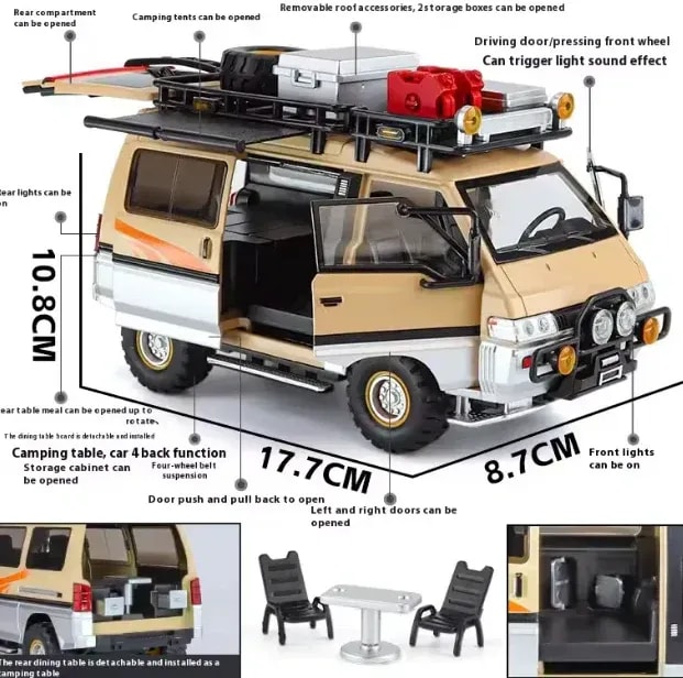 24 Diecast Mitsubishi Delica Camping Van | Pull Back Metal Model Car with Lights, Sounds & Opening Doors 4