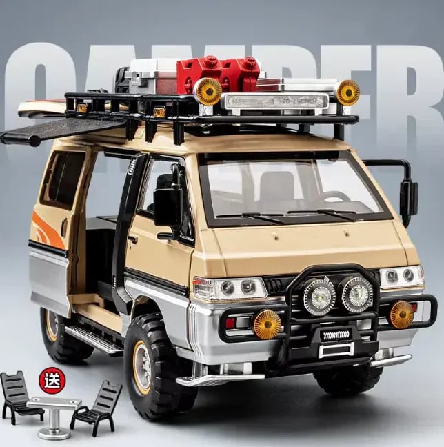 24 Diecast Mitsubishi Delica Camping Van | Pull Back Metal Model Car with Lights, Sounds & Opening Doors 6