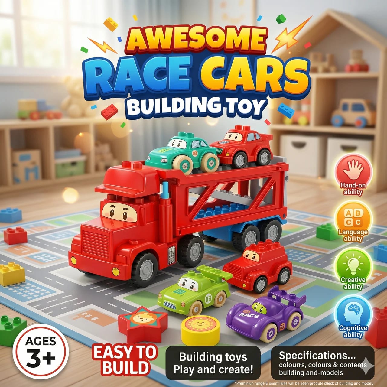 Transporter Race Cars Building Block Toy Set | DIY Car Carrier Truck Construction Kit for Kids