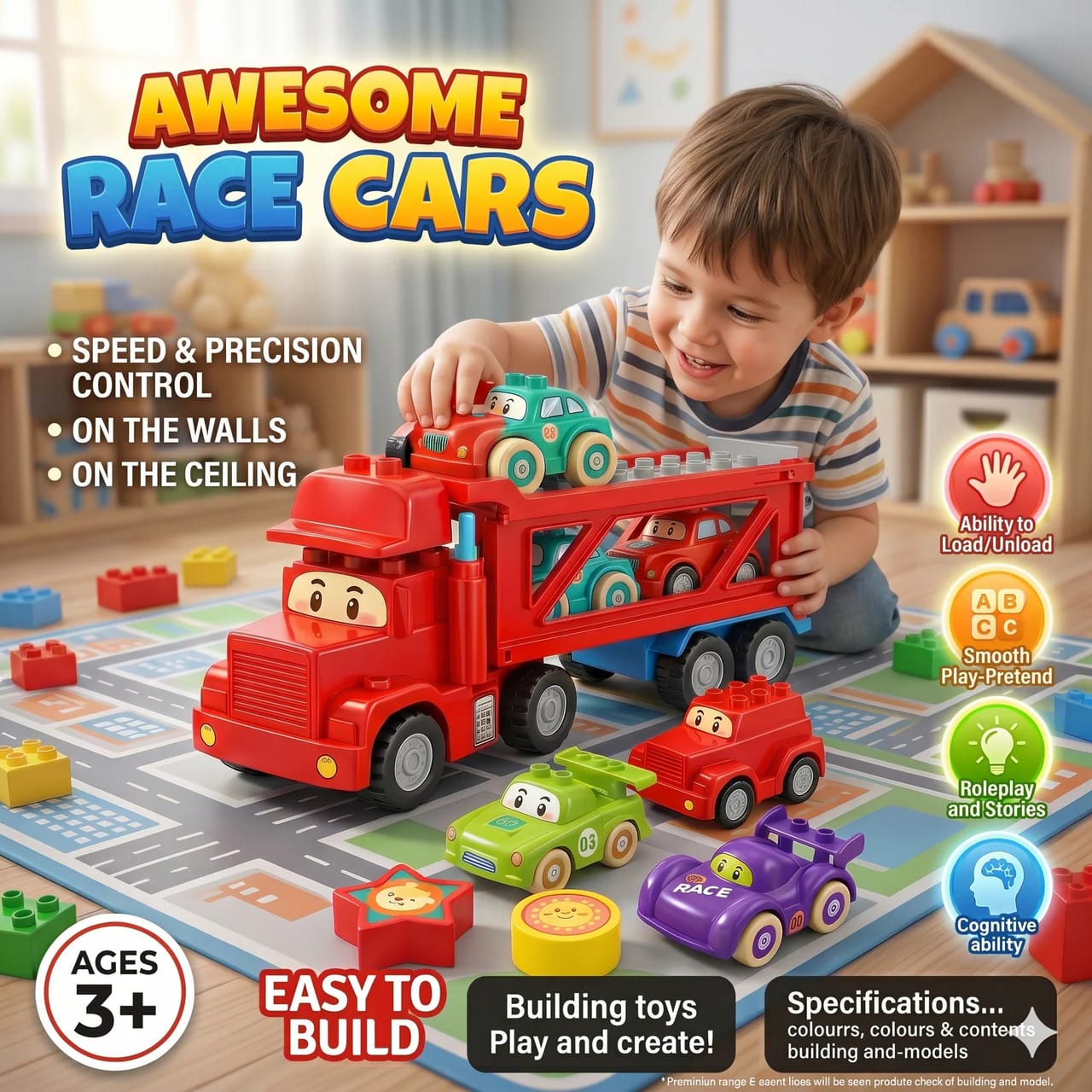 Transporter Race Cars Building Block Toy Set | DIY Car Carrier Truck Construction Kit for Kids alternate view