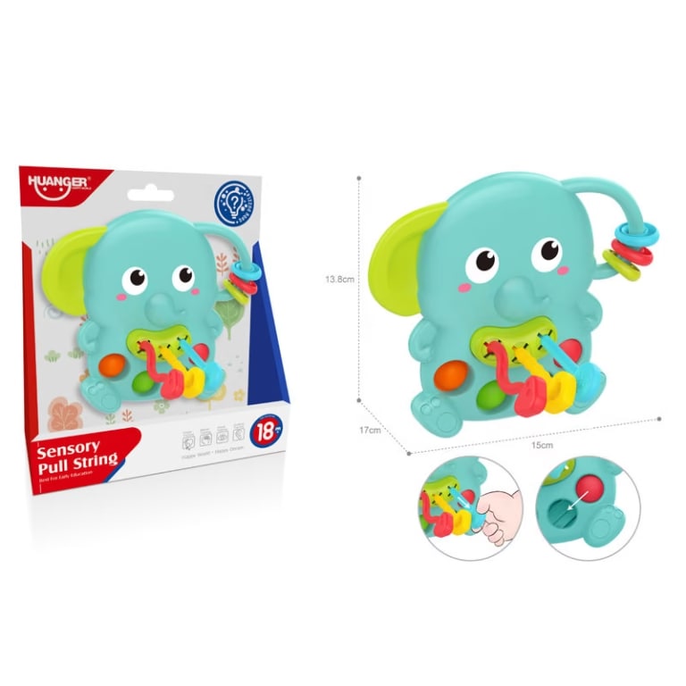 Elephant Sensory Pull String Rattle – Interactive Silicone Teething & Learning Toy for Babies