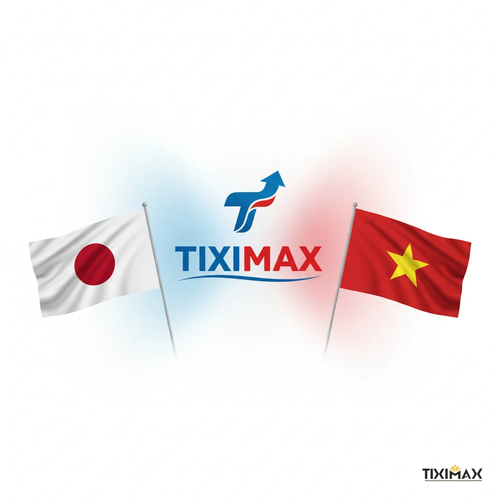 Logo Tiximax và cờ Nhật Bản, Việt Nam - Dịch vụ mua hộ hàng Nhật uy tín
