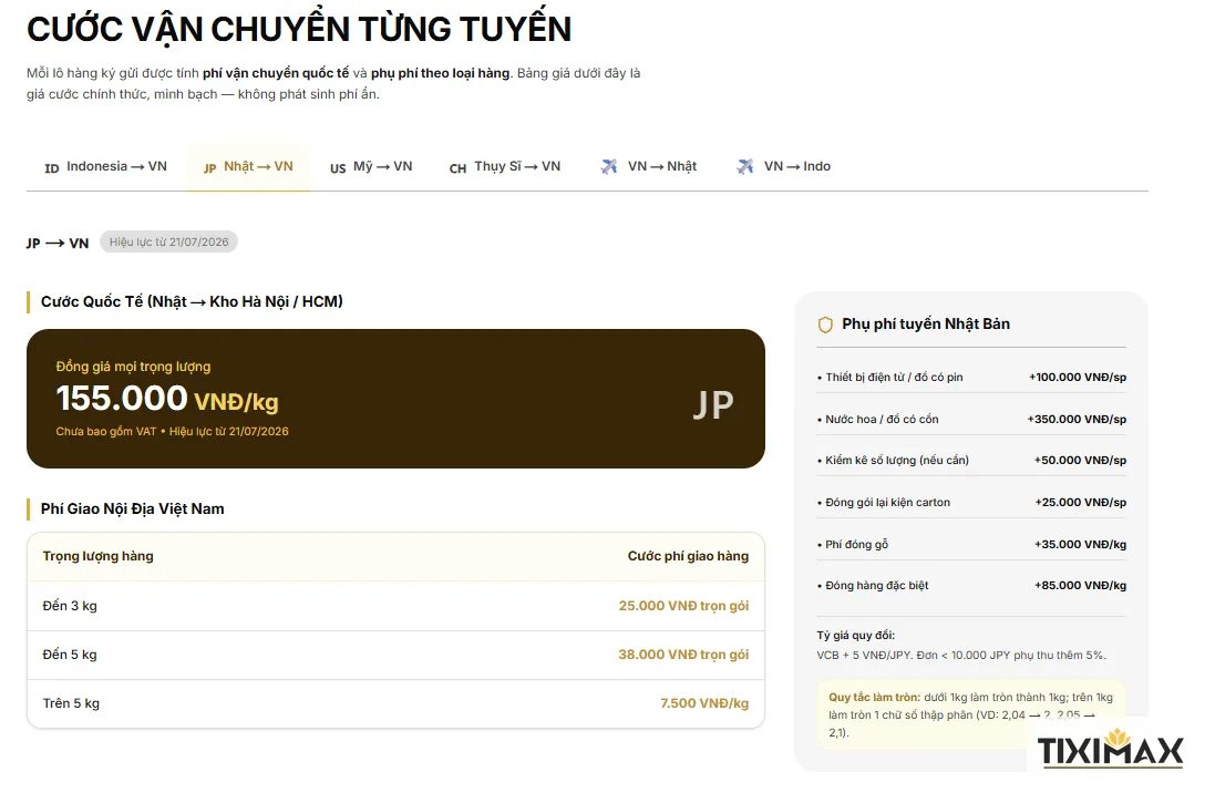 Bảng Giá Vận Chuyển Hàng Nhật Nội Địa