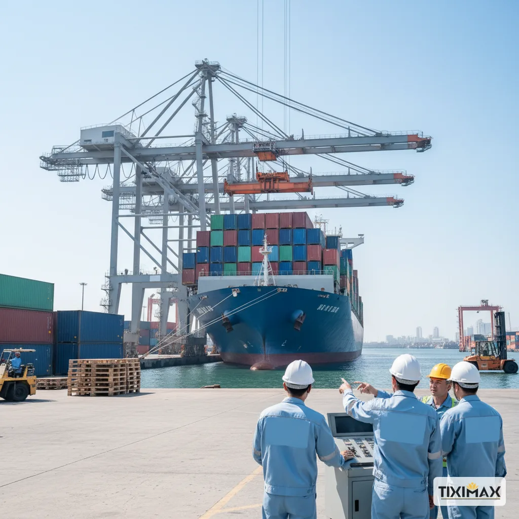 Công nhân cảng biển giám sát tàu container và cần cẩu hàng.