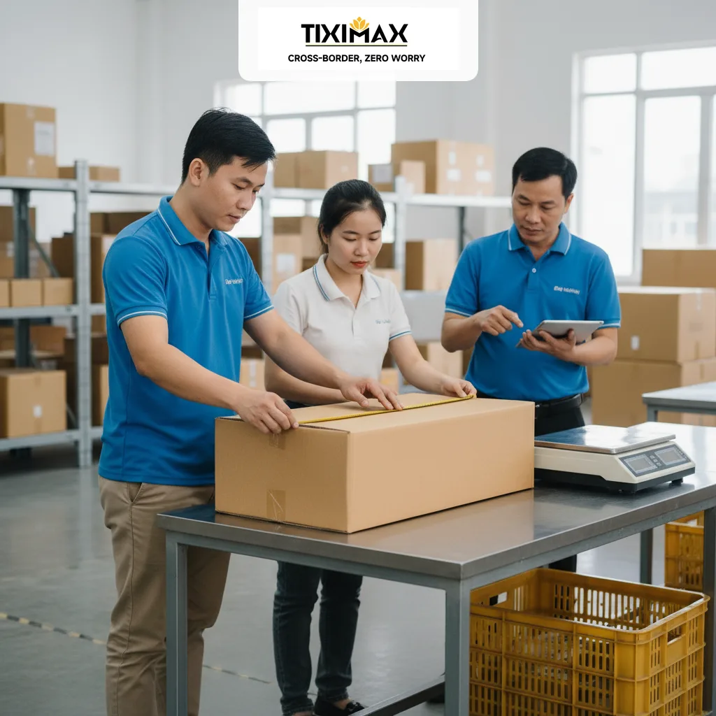 giá cước vận chuyển quốc tế: nhân viên đo kích thước kiện hàng trong kho
