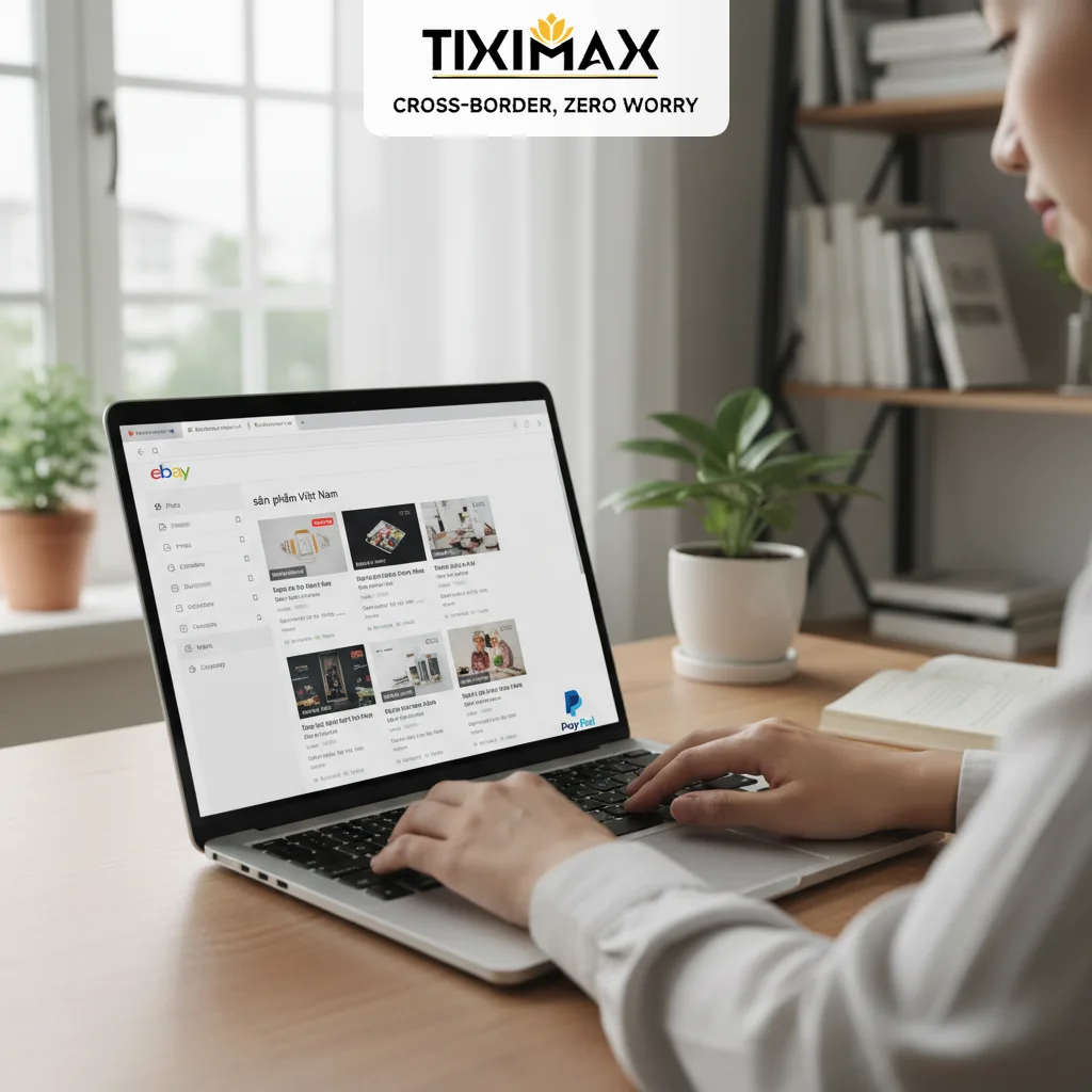 Bàn tay gõ máy tính hiển thị trang web eBay.