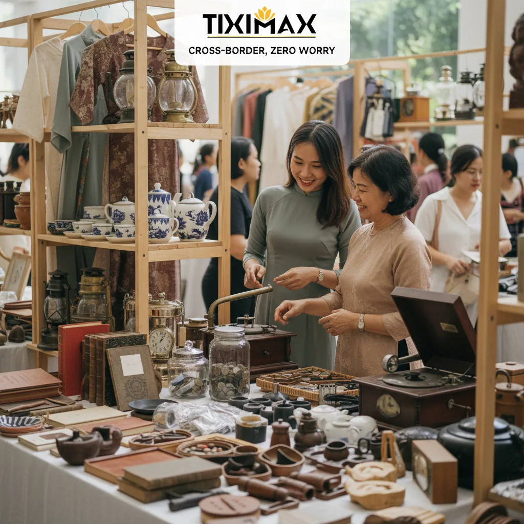 Hai phụ nữ Việt xem đồ cổ tại chợ trời.