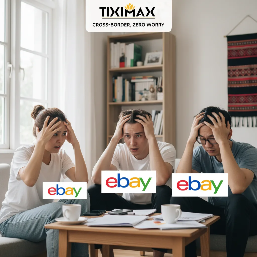 Ba người ôm đầu, biểu cảm khó khăn trước logo eBay.