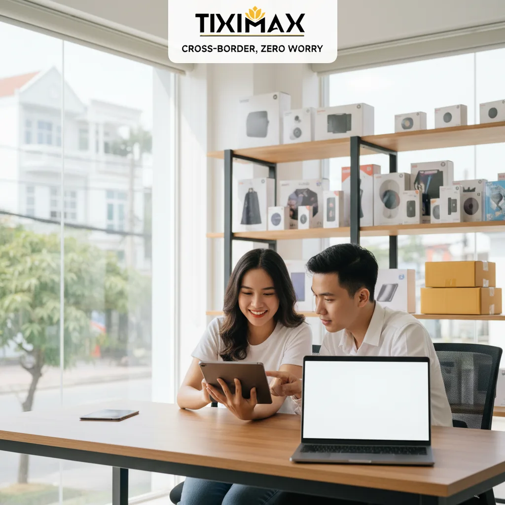 Cặp đôi Việt đang xem tablet, laptop trong văn phòng.