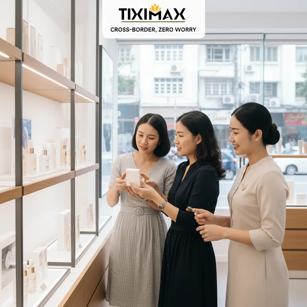 Ba phụ nữ xem sản phẩm mỹ phẩm tại cửa hàng.
