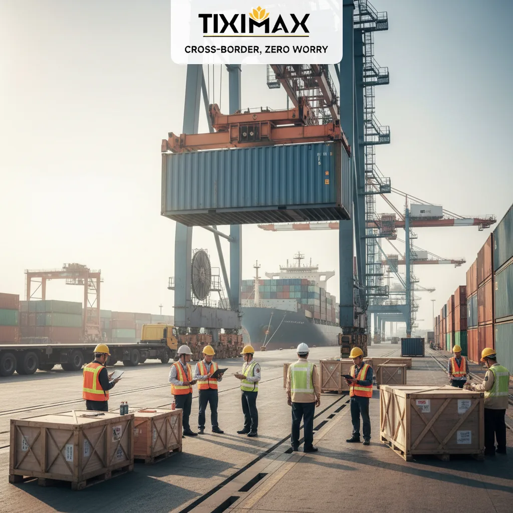 Cần cẩu di chuyển container tại cảng biển có tàu hàng.