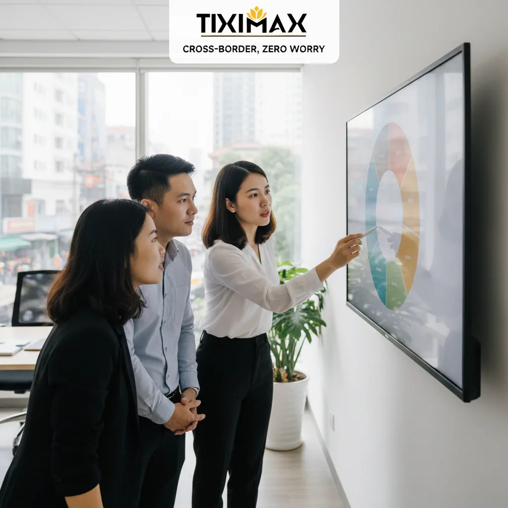 Ba người xem biểu đồ phân tích trên màn hình lớn.