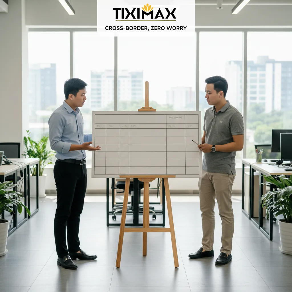Hai người đàn ông thảo luận bảng thông tin trong văn phòng.